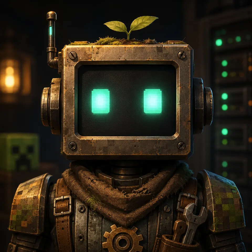 Spud, The Server Room's technical bot: a weathered workshop robot with a mossy chassis, a sprouting plant on its head, and a softly glowing terminal face, standing in front of server racks.